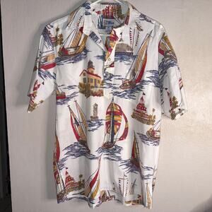 Reyn Spooner Hawaiian Shirt M Sailboat Lighthouse Nautical Aloha Hi Lo Hem
